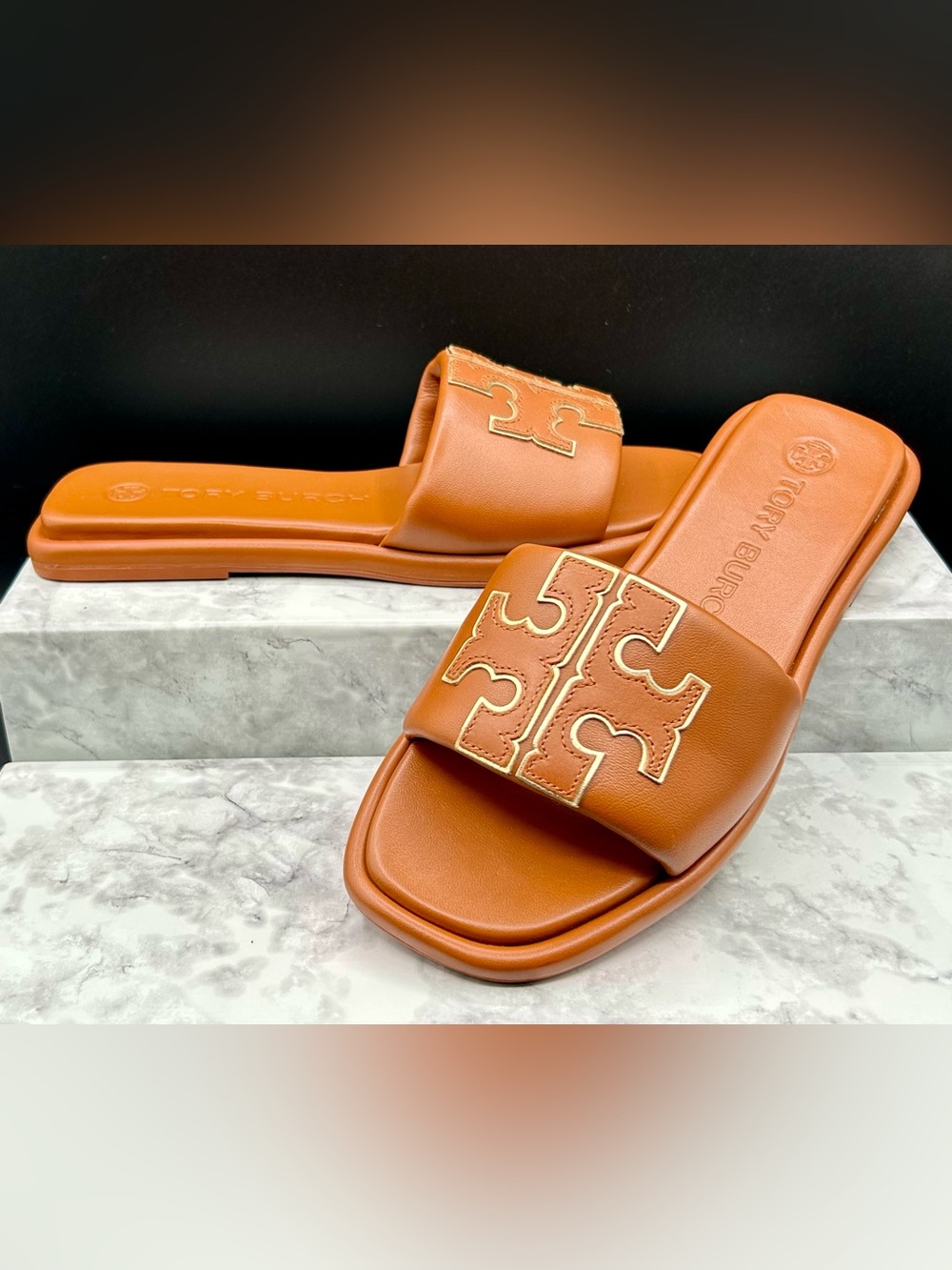 TORY BURCH Double T Sport Slide Sandals in Tan Leather . Size 7